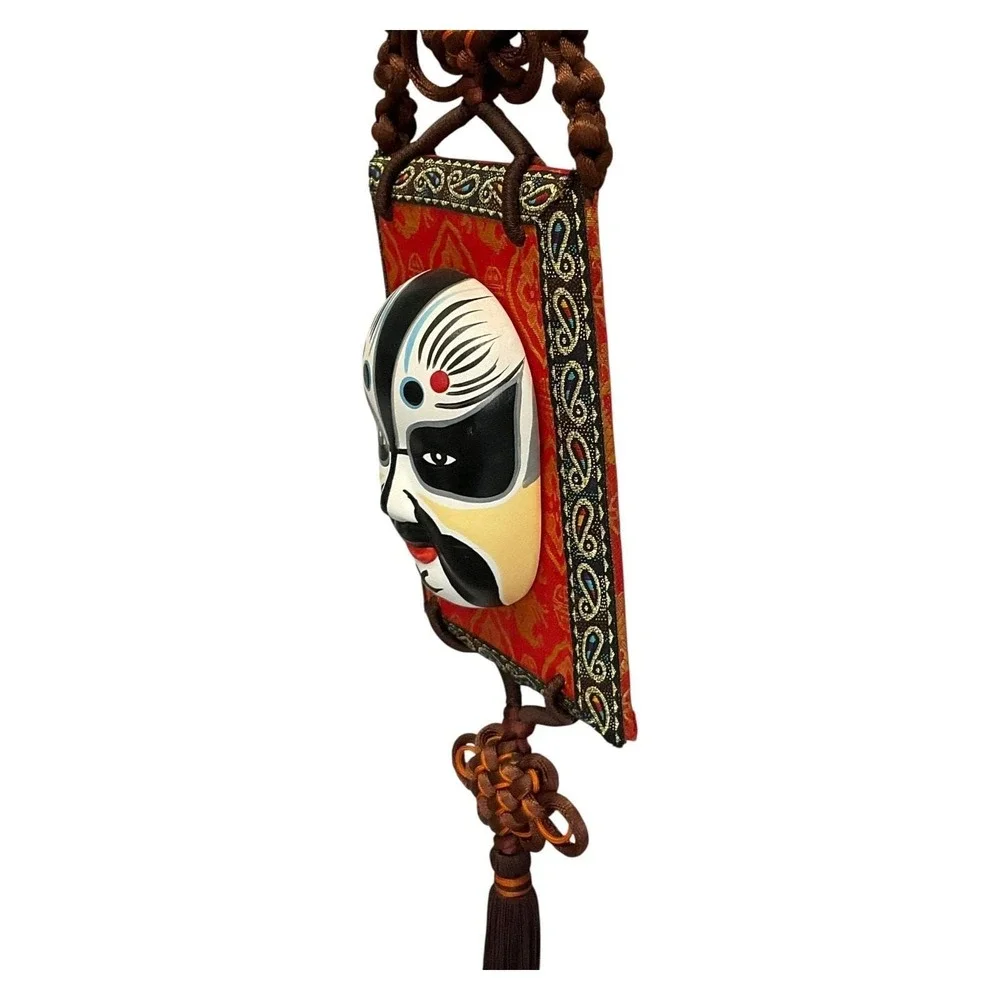 Chinese Opera Mask‎ Wall Hanging Decor with Tassel Fabric Frame